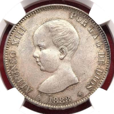 凡希社世界钱币微拍第三百十九期 - 1888西班牙阿丰索十三世婴孩头像5P大银NGC-MS62，这个品种上MS就罕见了（附视频）