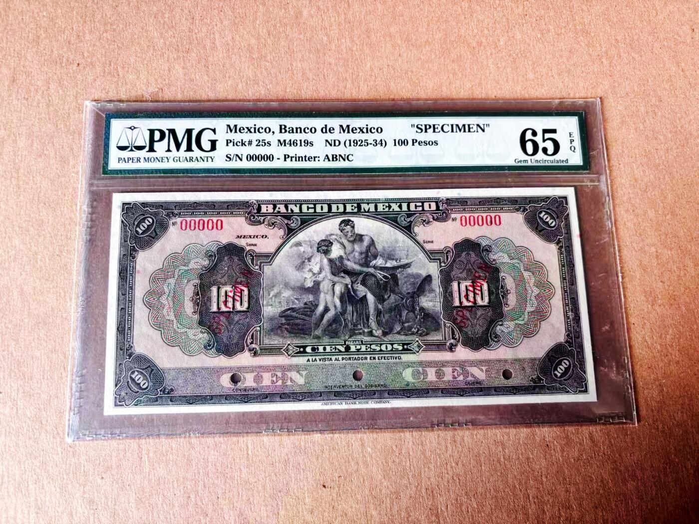 【Blue Auction】世界纸币精拍第779期——18级TOP拍卖/信誉/品质/专业/高效💫 墨西哥 1925-34年100比索 PMG65EPQ ABNC出品 样钞 正面是加拿大100元纸币背面的经典图案，雕刻非常精美。背面是位于墨西哥城的独立纪念柱，于1910年9月16日墨西哥独立战争100周年落成，由墨西哥建筑师和法国雕刻家合作完成的，它是墨西哥人民独立精神的象征，也是墨西哥人民反对外来侵略者、争取民族独立的胜利标志。