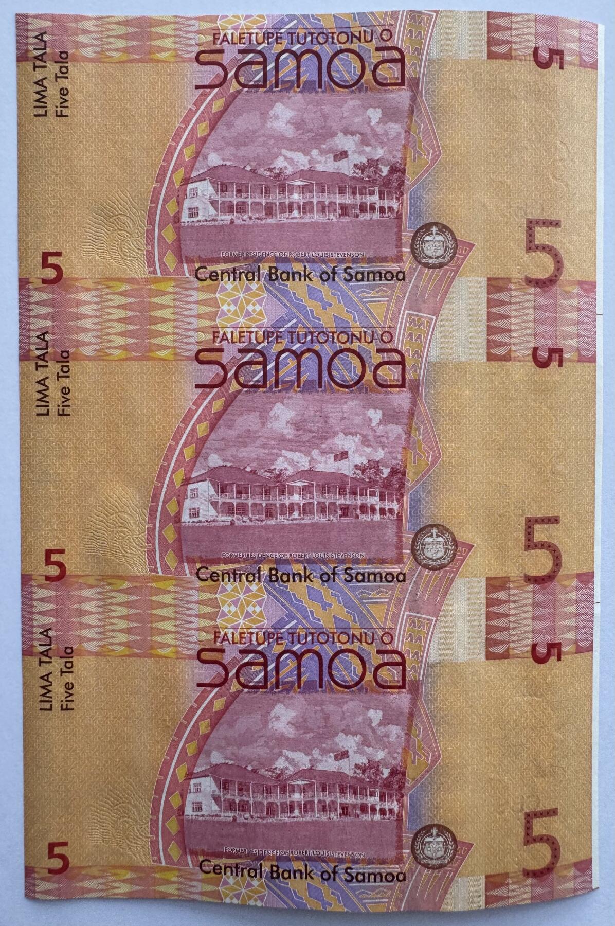 2026第2场（总第229期）：精品测试钞、连体钞综合场 三连体带边/萨摩亚2017年版5塔拉连体钞UNC