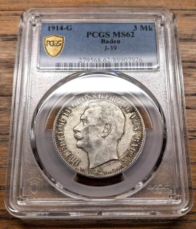 凡希社世界钱币微拍第三百十九期 - 1914G德国巴登3马克银币PCGS-MS62