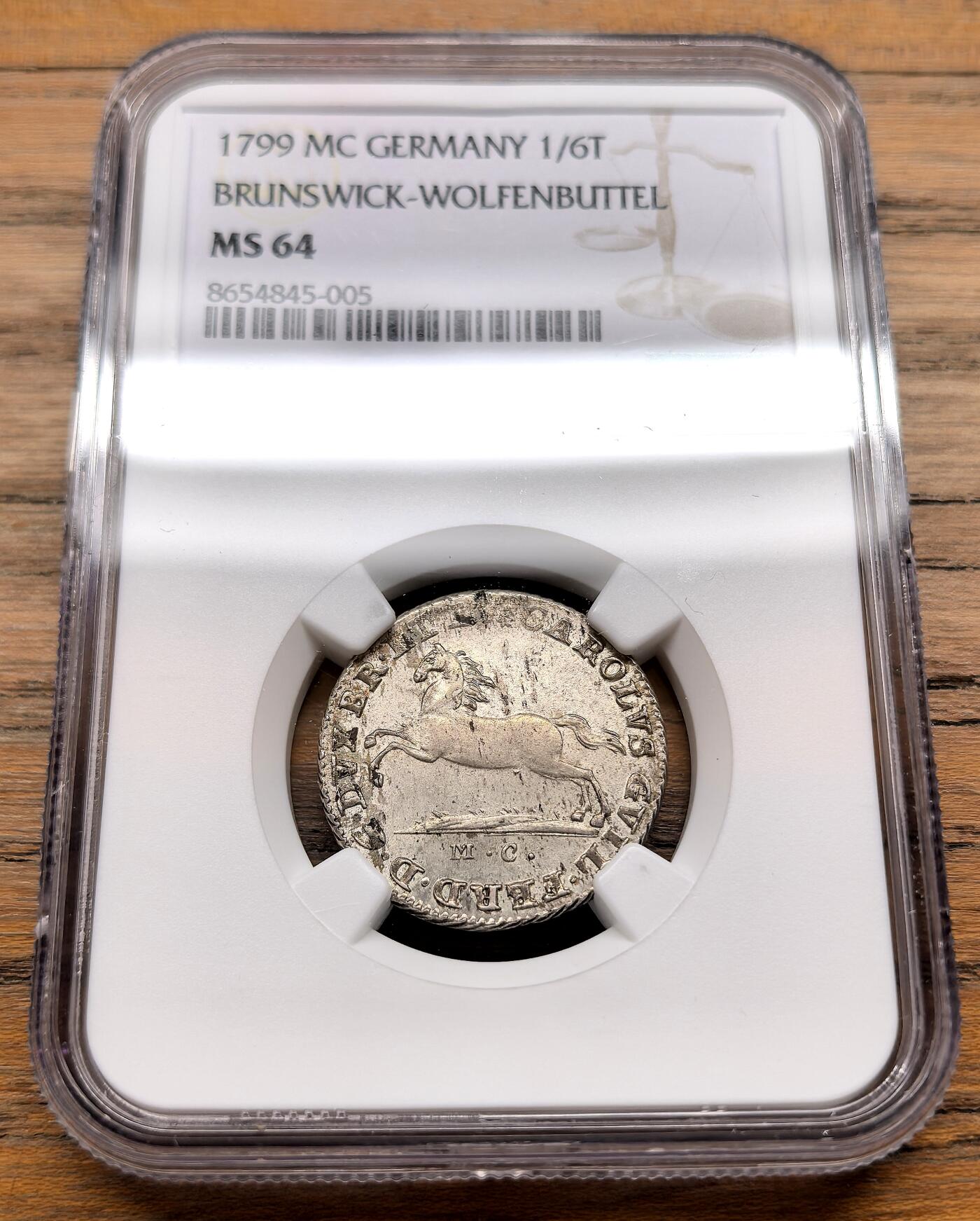 凡希社世界钱币微拍第三百十九期 1799德国不伦瑞克-沃尔芬堡飞马1/6泰勒NGC-MS64