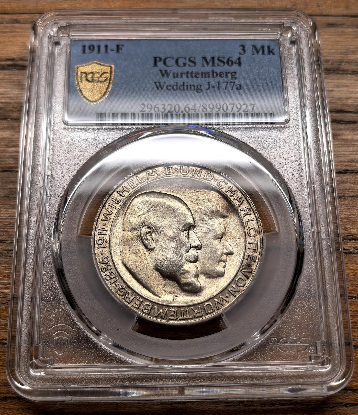 凡希社世界钱币微拍第三百十九期 1911F德国符腾堡银婚纪念3马克PCGS-MS64