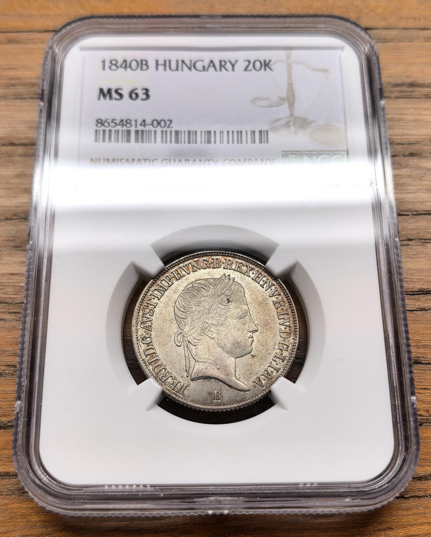 凡希社世界钱币微拍第三百十九期 1840奥匈帝国匈牙利国王斐迪南一世20K银币NGC-MS63，淡金五彩收藏级！