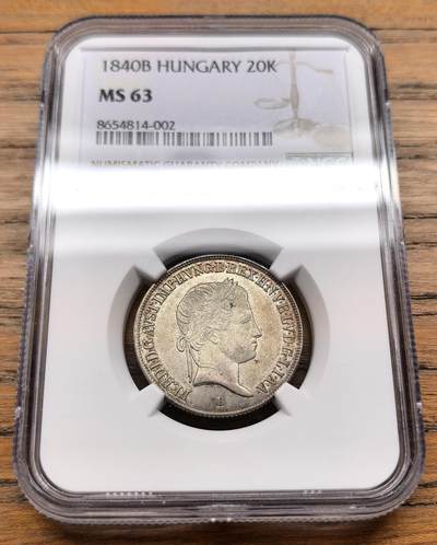 凡希社世界钱币微拍第三百十九期 - 1840奥匈帝国匈牙利国王斐迪南一世20K银币NGC-MS63，淡金五彩收藏级！