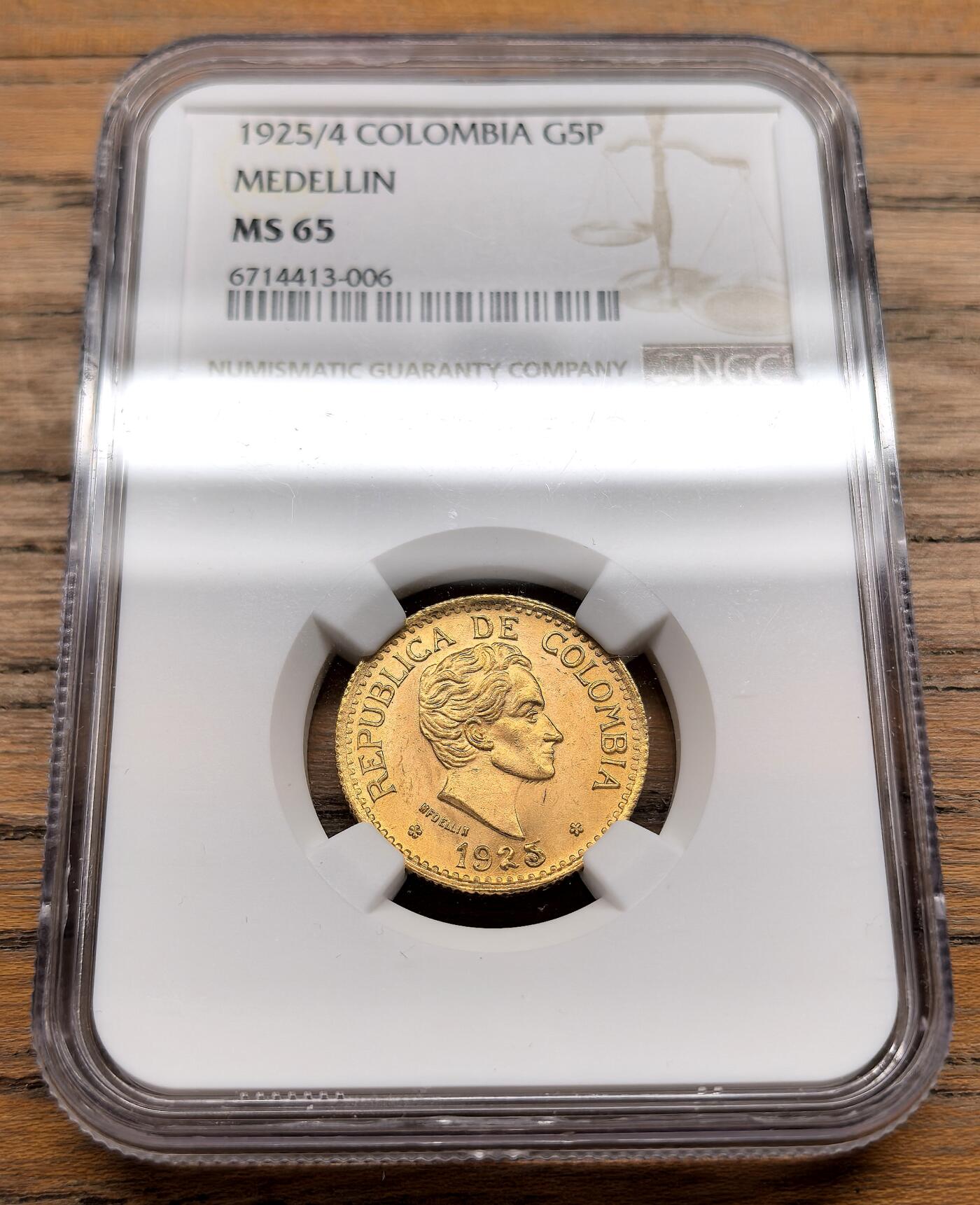 凡希社世界钱币微拍第三百十九期 1925/4哥伦比亚麦德林厂5比索金币NGC-MS65
