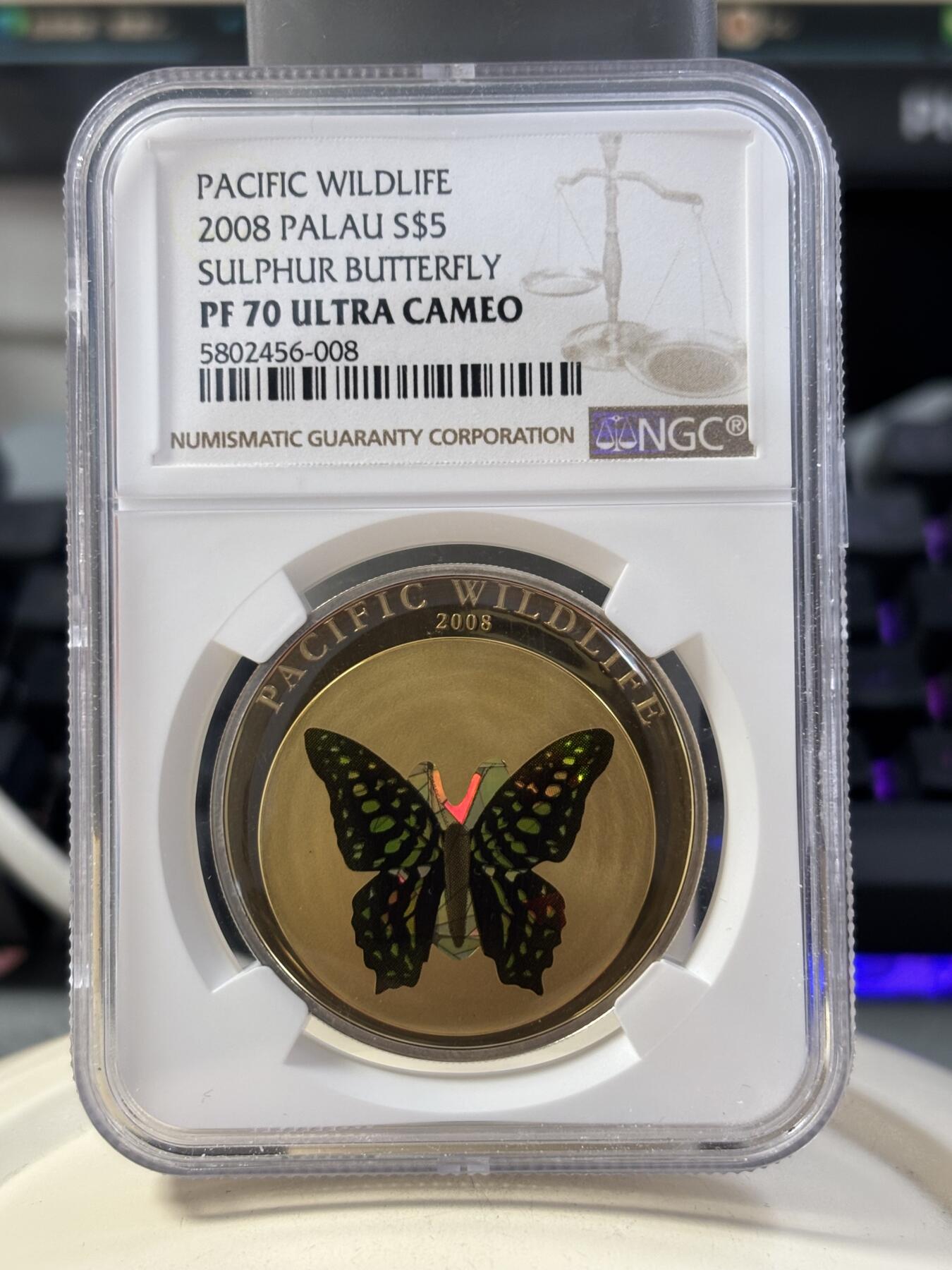 第189期拍卖 获奖帕劳2008年蝴蝶动物系列绿蝴蝶棱镜幻彩银币最高分NGC-PF70，世界最美25种钱币之一，925银，25克，发行2500枚