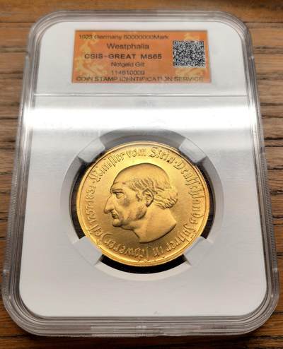 凡希社世界钱币微拍第三百十九期 - 1923德紧威斯特伐利亚5千万马克镀金马币UNC，镀金完美，光度一流！