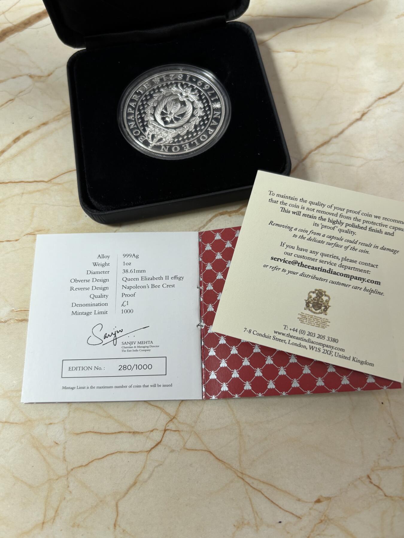 第189期拍卖 圣赫勒拿2021年拿破仑勋章上的蜜蜂精制银币，999银，发行1000枚