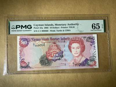 【礼羽收藏】🌏世界钱币拍卖第121期 - 【C/1 999060】全新UNC 2005年开曼群岛10面值纸币 女王钞 无3457圆圆倒置号