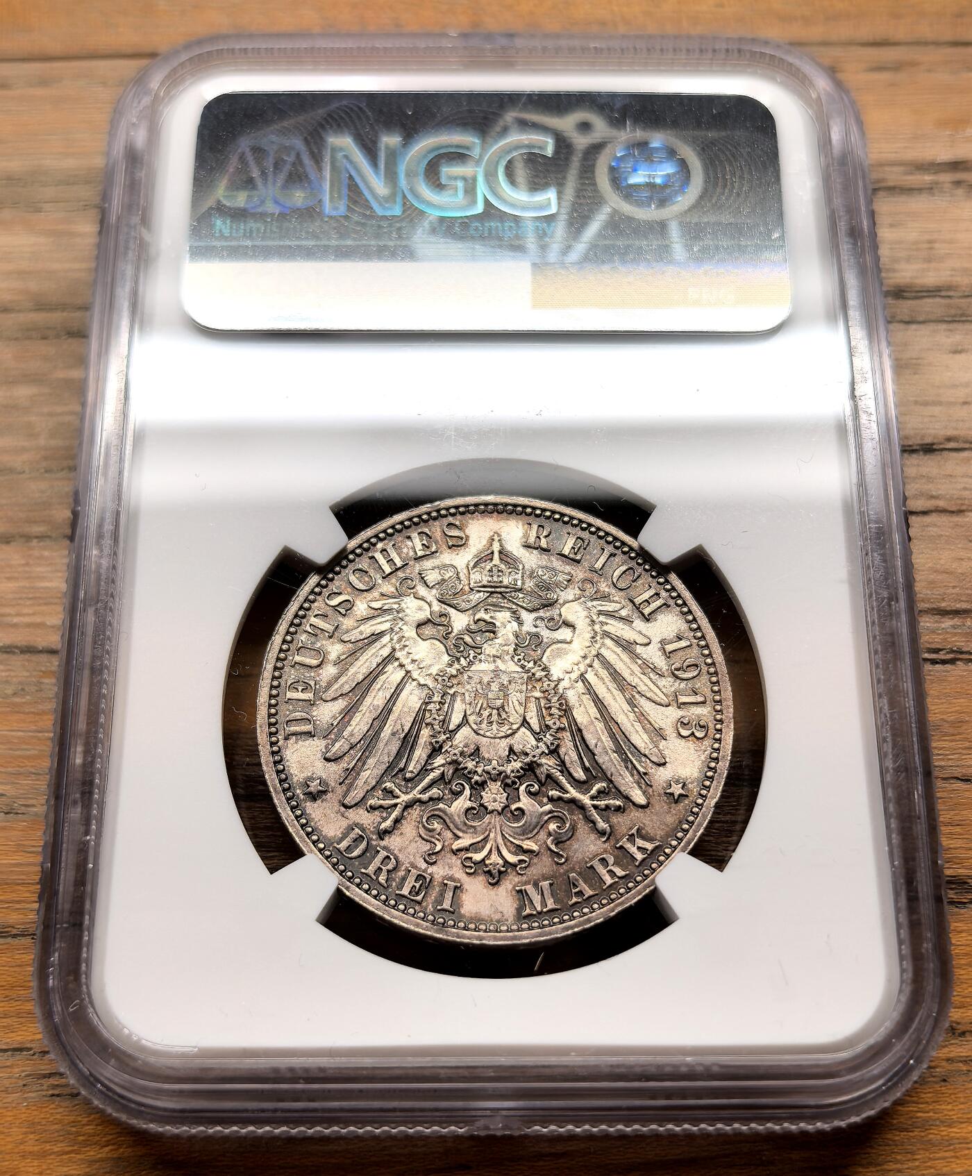 凡希社世界钱币微拍第三百十九期 1913E德国萨克森3马克纪念银币NGC-MS63