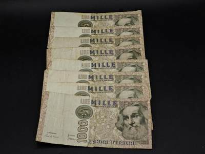 【淘币小摊】实时拍第八百五十四拍   无佣金福利纸币场   满百包邮可预留二周 每周一统一发货   - 意大利1000里拉纸币8张【有折】