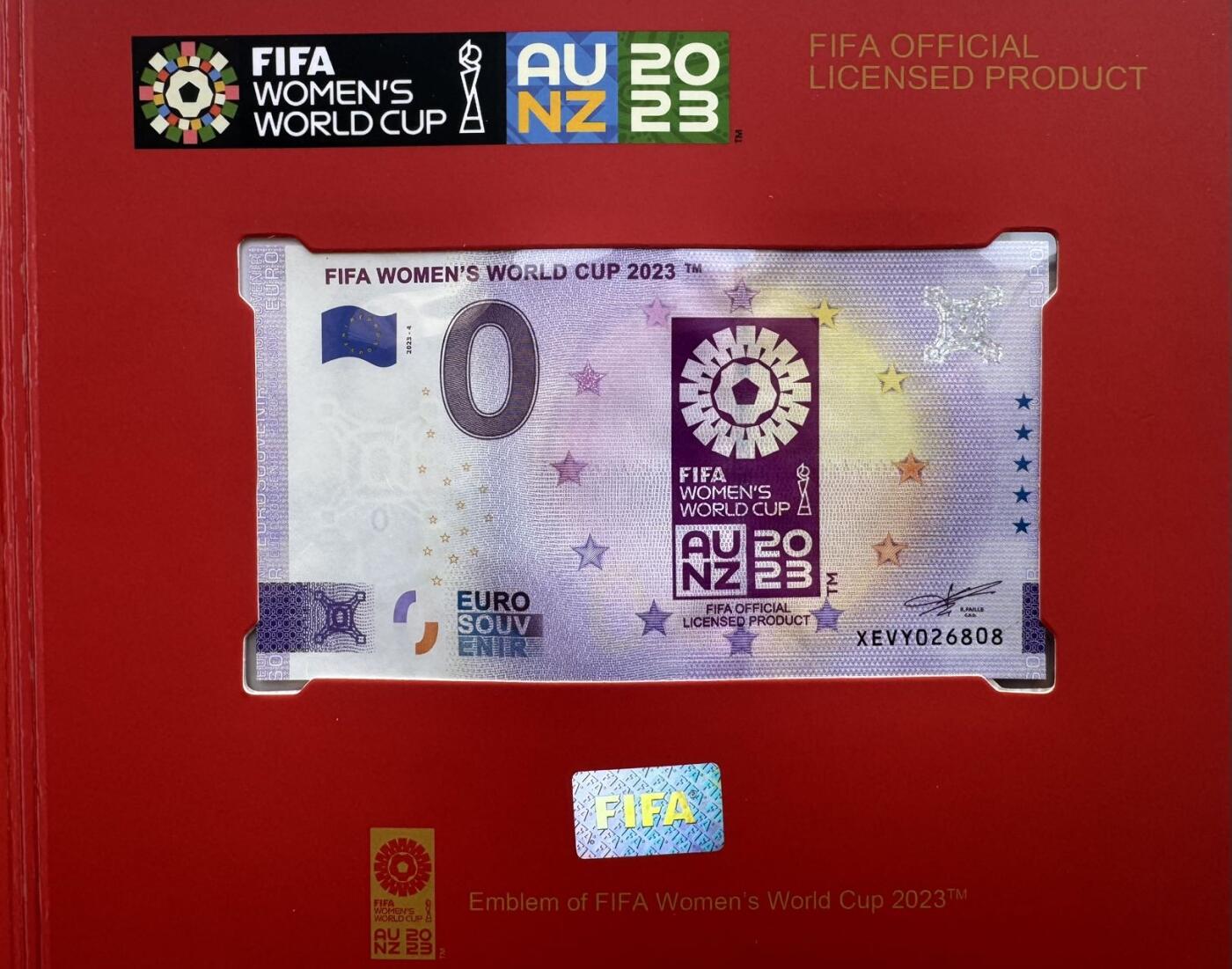 2026第2场（总第229期）：精品测试钞、连体钞综合场 国际足联2023年澳大利亚和新西兰世界杯足球赛0欧元纪念钞一套3枚全同号册装UNC（第26808号）