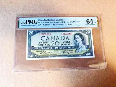 【Blue Auction】世界纸币精拍第779期——18级TOP拍卖/信誉/品质/专业/高效💫 - 【无47 a版首签】加拿大1954年20元 雪松 评级量不足常见b版1/3 PMG64EPQ