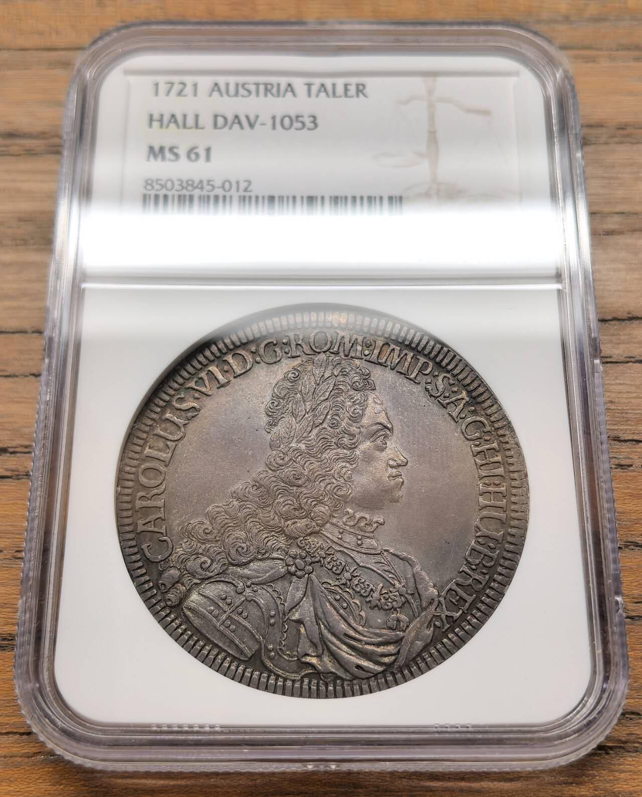 凡希社世界钱币微拍第三百十九期 荐！1721神罗卡尔六世长卷发戎装像泰勒大银蒂罗尔厂NGC-MS61，传世欧陆灰彩，哑光质地，一流的视觉美感，需上手实物感受，个人认为明显低评（附视频）