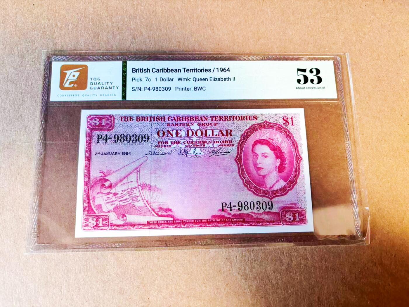 【Blue Auction】世界纸币精拍第779期——18级TOP拍卖/信誉/品质/专业/高效💫 英属东加勒比1964年1元 大冠女王 TQG53