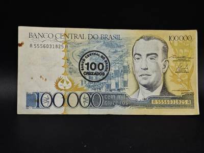 【淘币小摊】实时拍第八百五十四拍   无佣金福利纸币场   满百包邮可预留二周 每周一统一发货   - 巴西100000克鲁塞罗纸币加盖100【有折】