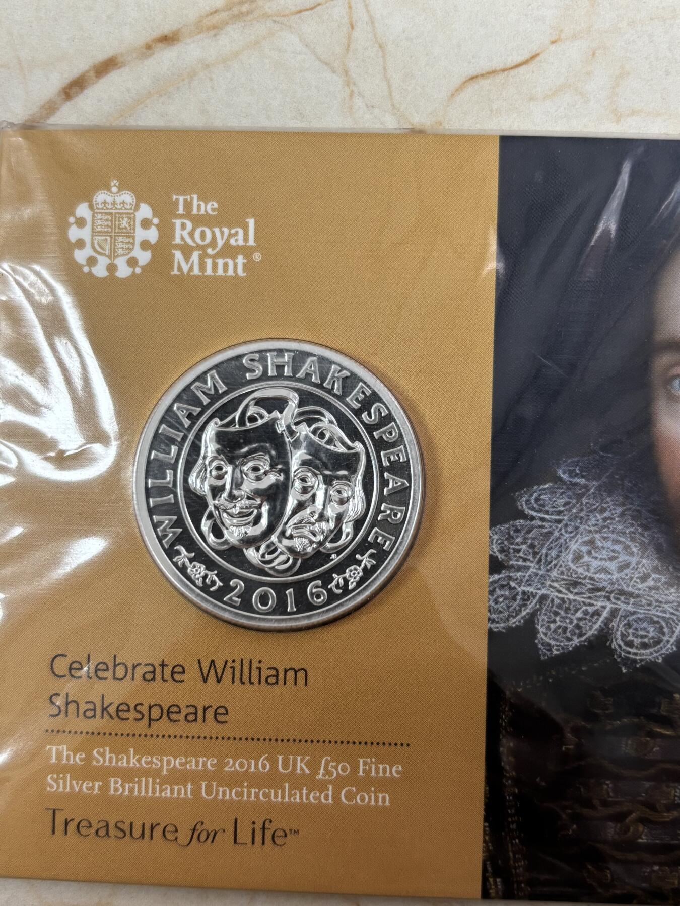 第189期拍卖 英国2016年50换50系列2威廉莎士比亚50镑银币，999银，发行15000枚