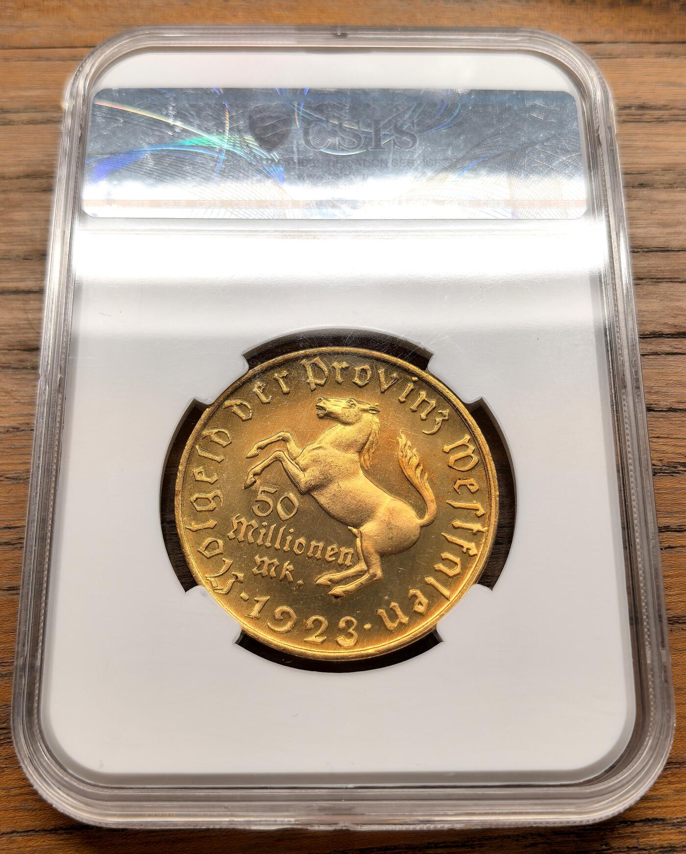凡希社世界钱币微拍第三百十九期 1923德紧威斯特伐利亚5千万马克镀金马币UNC，镀金完美，光度一流！