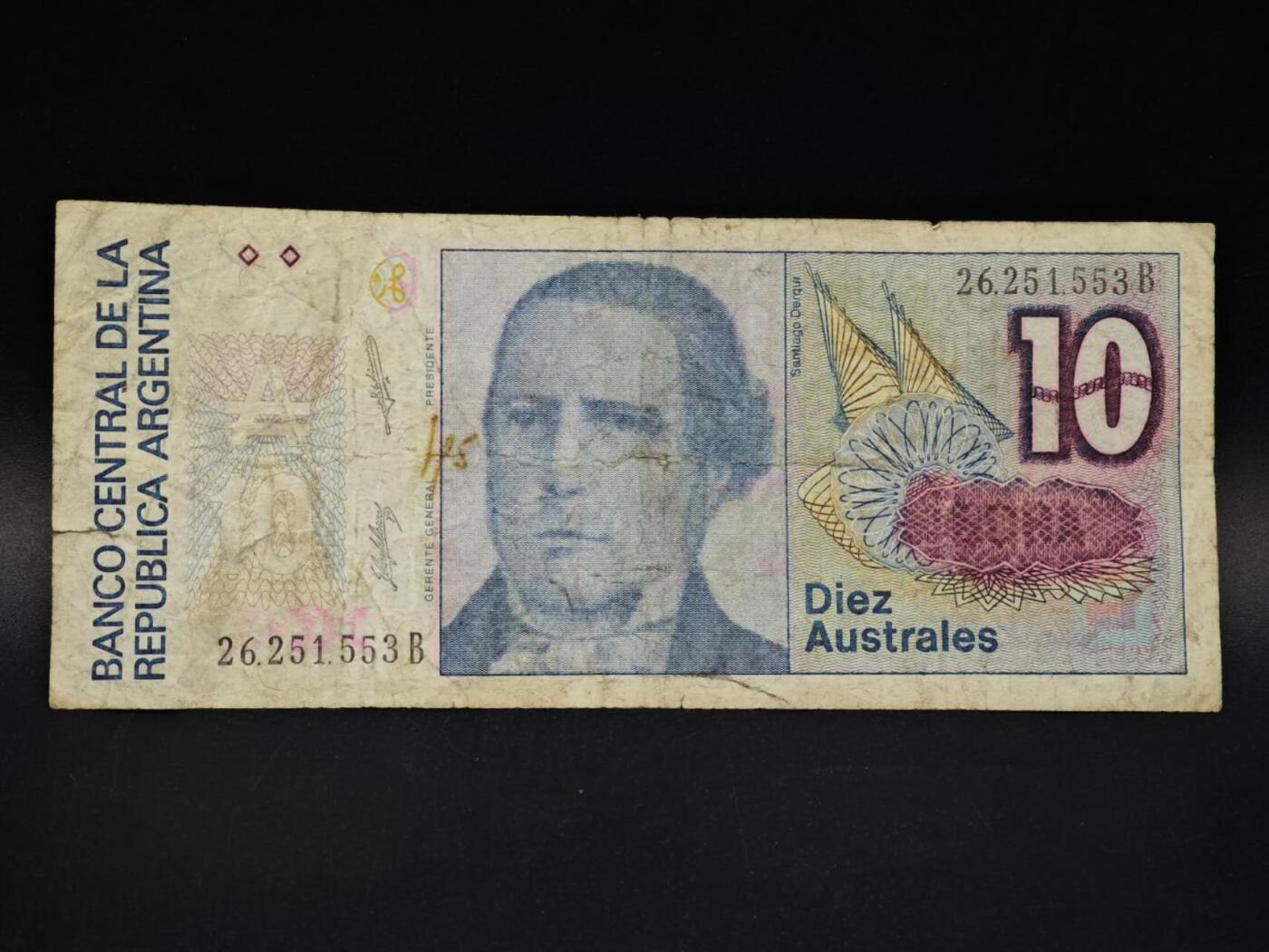 【淘币小摊】实时拍第八百五十四拍   无佣金福利纸币场   满百包邮可预留二周 每周一统一发货   阿根廷10奥斯特纸币【有折】