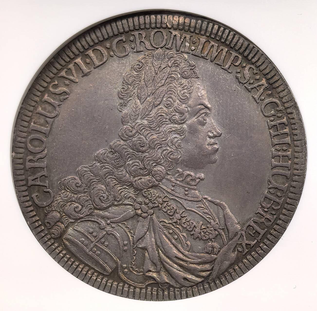 凡希社世界钱币微拍第三百十九期 荐！1721神罗卡尔六世长卷发戎装像泰勒大银蒂罗尔厂NGC-MS61，传世欧陆灰彩，哑光质地，一流的视觉美感，需上手实物感受，个人认为明显低评（附视频）