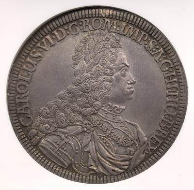 凡希社世界钱币微拍第三百十九期 - 荐！1721神罗卡尔六世长卷发戎装像泰勒大银蒂罗尔厂NGC-MS61，传世欧陆灰彩，哑光质地，一流的视觉美感，需上手实物感受，个人认为明显低评（附视频）