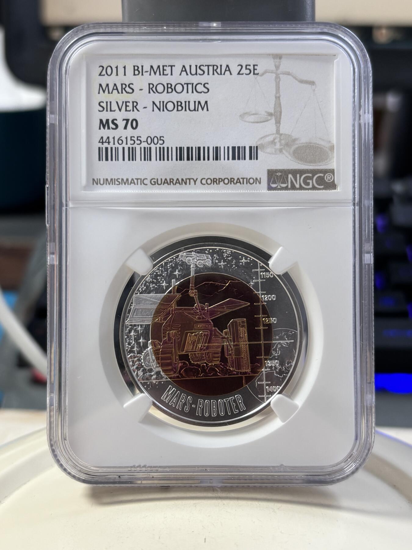 第189期拍卖 奥地利2011年火星探险机器人25欧纪念银铌双色银币NGC-MS70