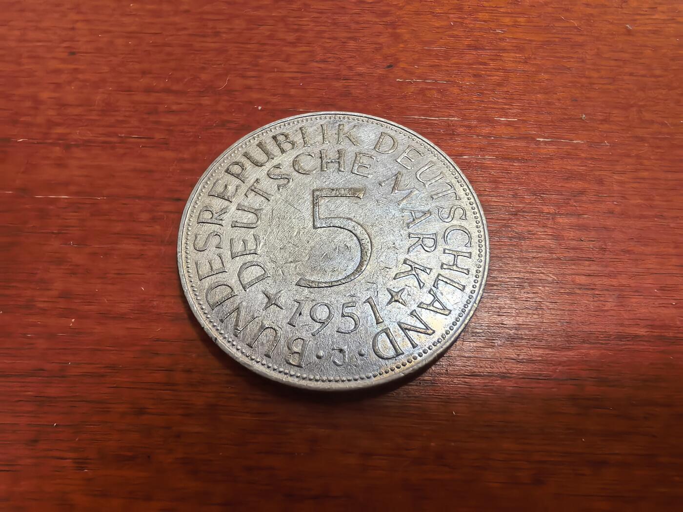 长老汇蛇年精选第九十五场拍卖 1951J西德5马克银币，11.2克625银，首年版