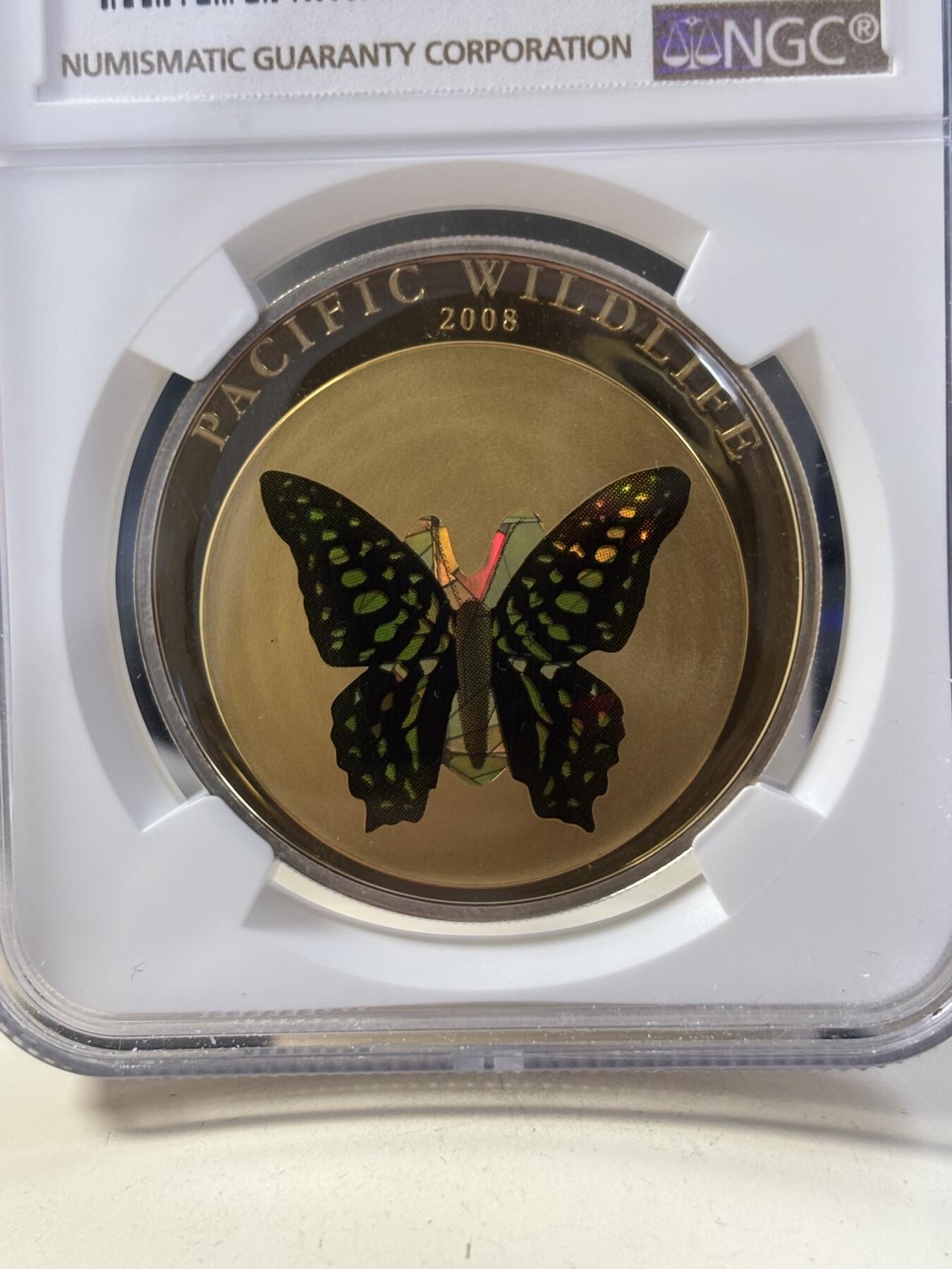 第189期拍卖 获奖帕劳2008年蝴蝶动物系列绿蝴蝶棱镜幻彩银币最高分NGC-PF70，世界最美25种钱币之一，925银，25克，发行2500枚