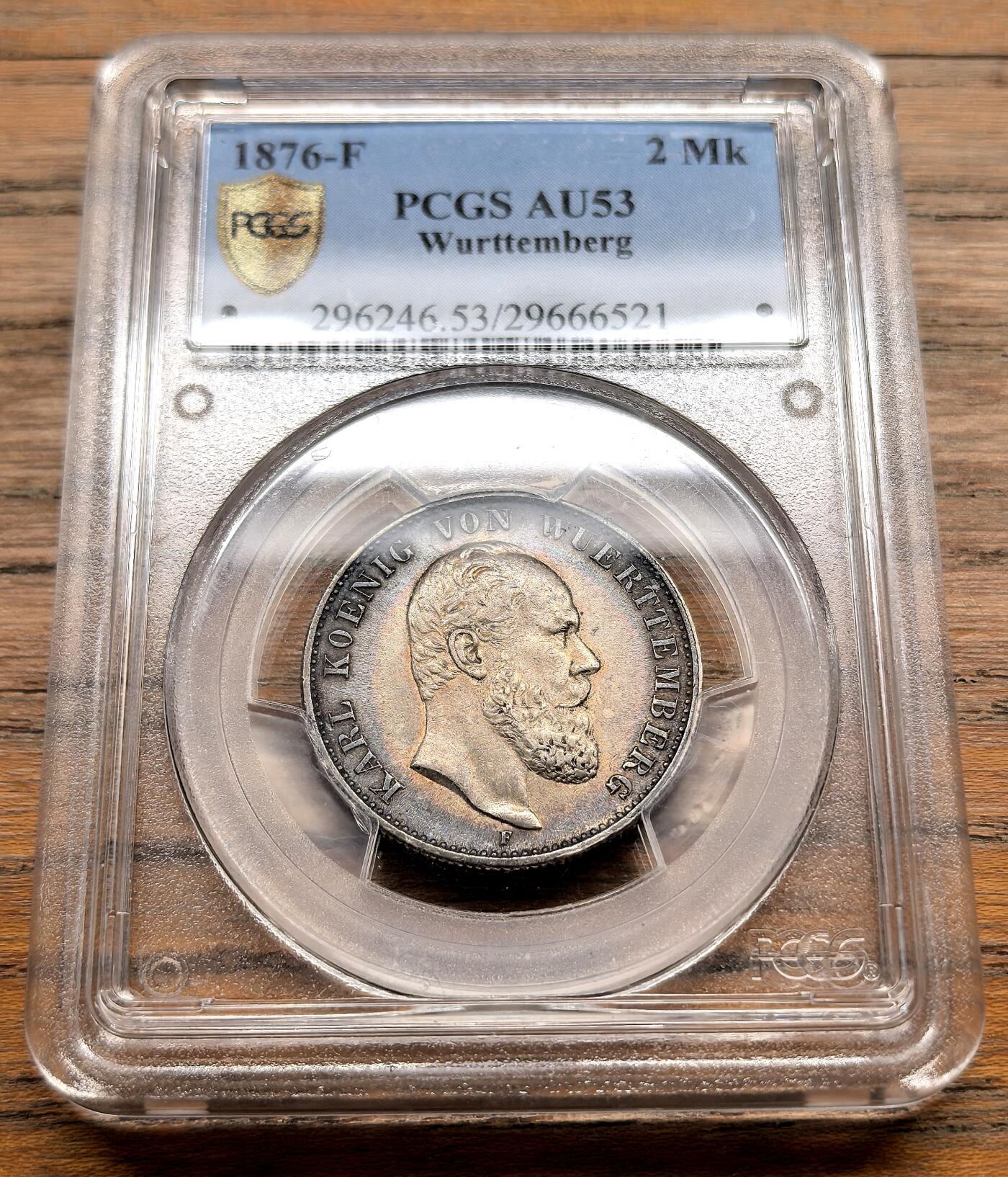 凡希社世界钱币微拍第三百十九期 1876F德国符腾堡短翅鹰2马克PCGS-AU53