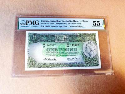 【Blue Auction】世界纸币精拍第779期——18级TOP拍卖/信誉/品质/专业/高效💫 - 【新加坡船王白氏旧藏】澳大利亚1961-65年1镑 石膏女王 PMG55EPQ HH99冠