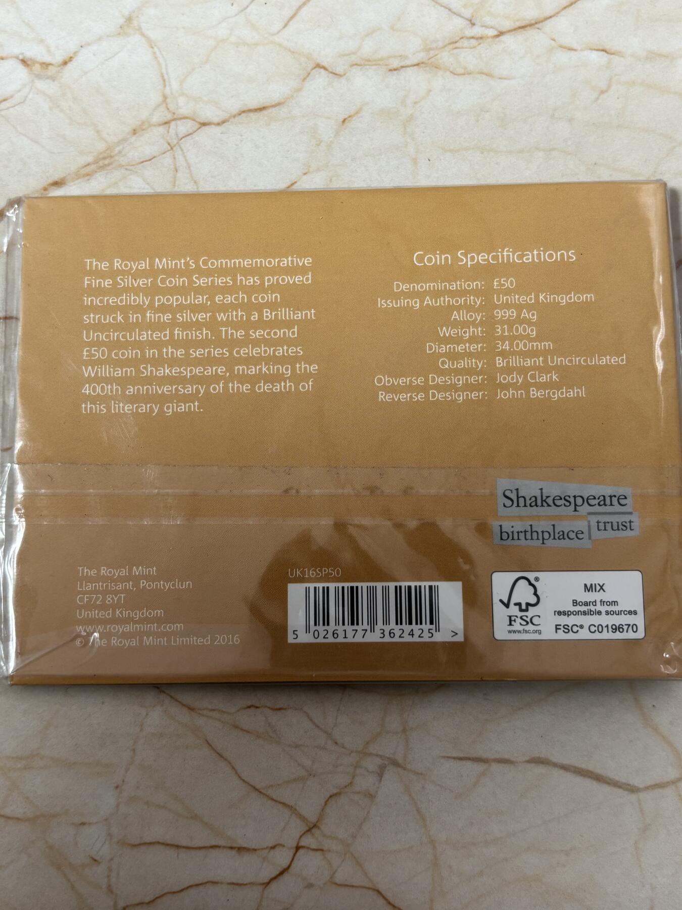 第189期拍卖 英国2016年50换50系列2威廉莎士比亚50镑银币，999银，发行15000枚