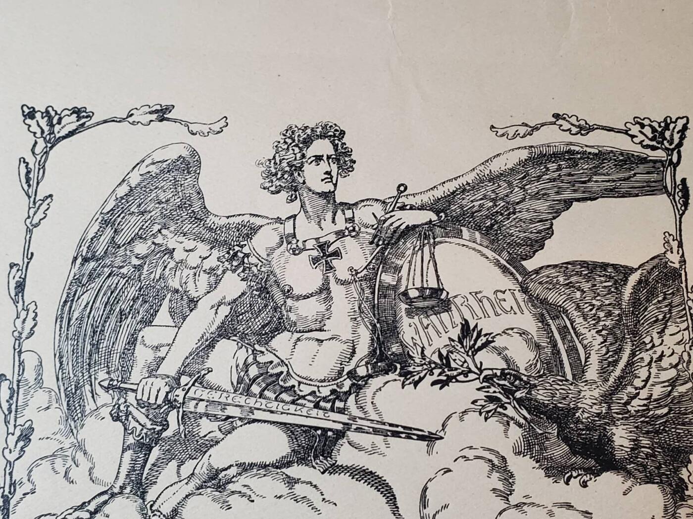 韵星假日拍卖第三十八期 -- Rimey Holidays Auction 38 魏玛德国为祖国服务奖章大证书 最出名的魏玛奖章之一 证书设计很好看 带有战斗天使和奖章图片 背后带有备注 少见