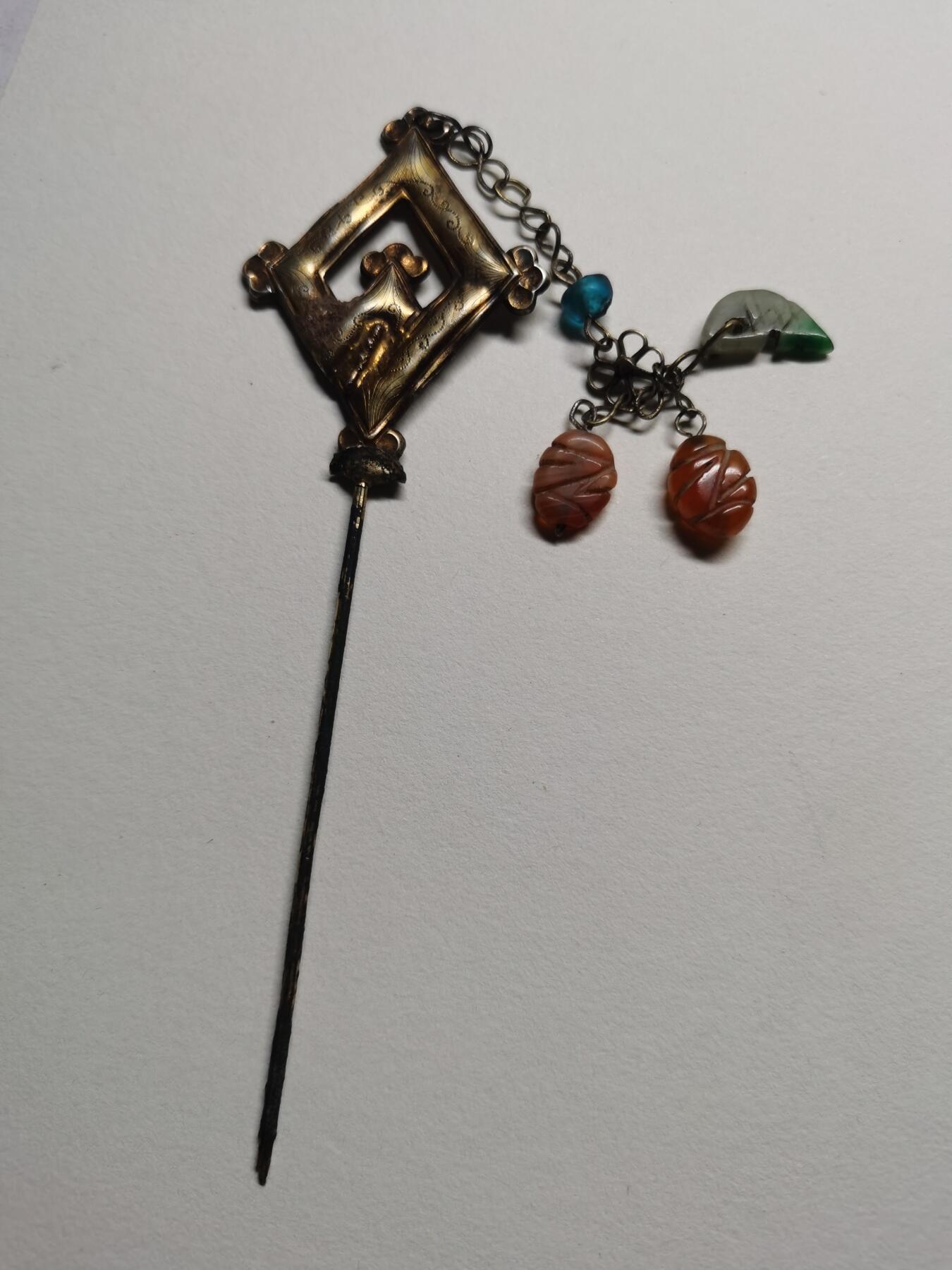 杂件专场96期 清代老银鎏金发簪，清代翡翠玛瑙吊坠