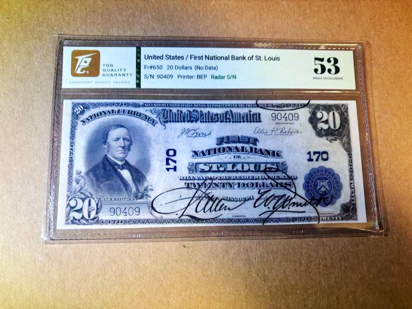 【Blue Auction】世界纸币精拍第779期——18级TOP拍卖/信誉/品质/专业/高效💫 【Fr.650首版 签名清晰少见 小雷达】美国1902年20美金 休·麦卡洛克 财政部与国会大厦 上边留有整版上一张的手签痕迹 区别于常见的褪色签名 TQG53