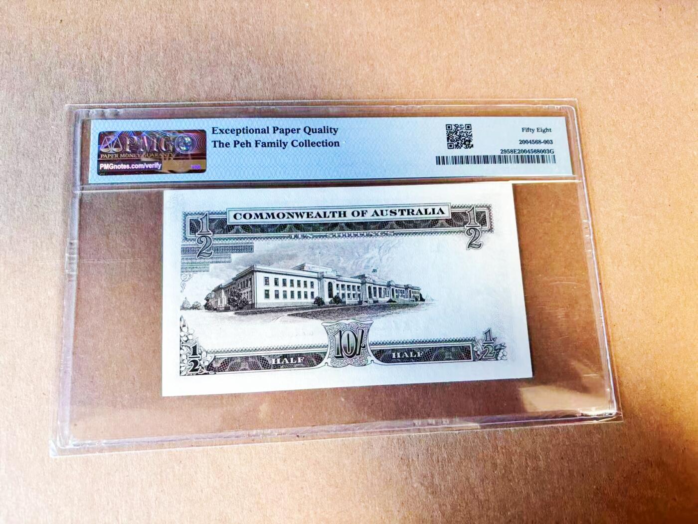 【Blue Auction】世界纸币精拍第779期——18级TOP拍卖/信誉/品质/专业/高效💫 【新加坡船王白氏旧藏】澳大利亚1954-60年10先令 PMG58EPQ