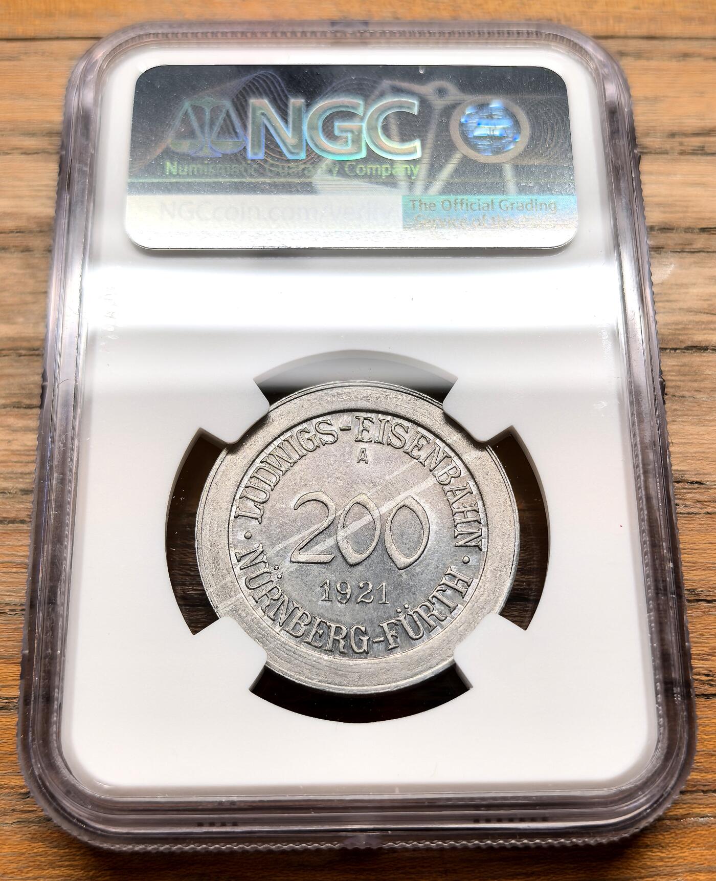 凡希社世界钱币微拍第三百十九期 1921德紧纽伦堡-菲尔特“路德维希铁路”200马克铝币NGC-MS64