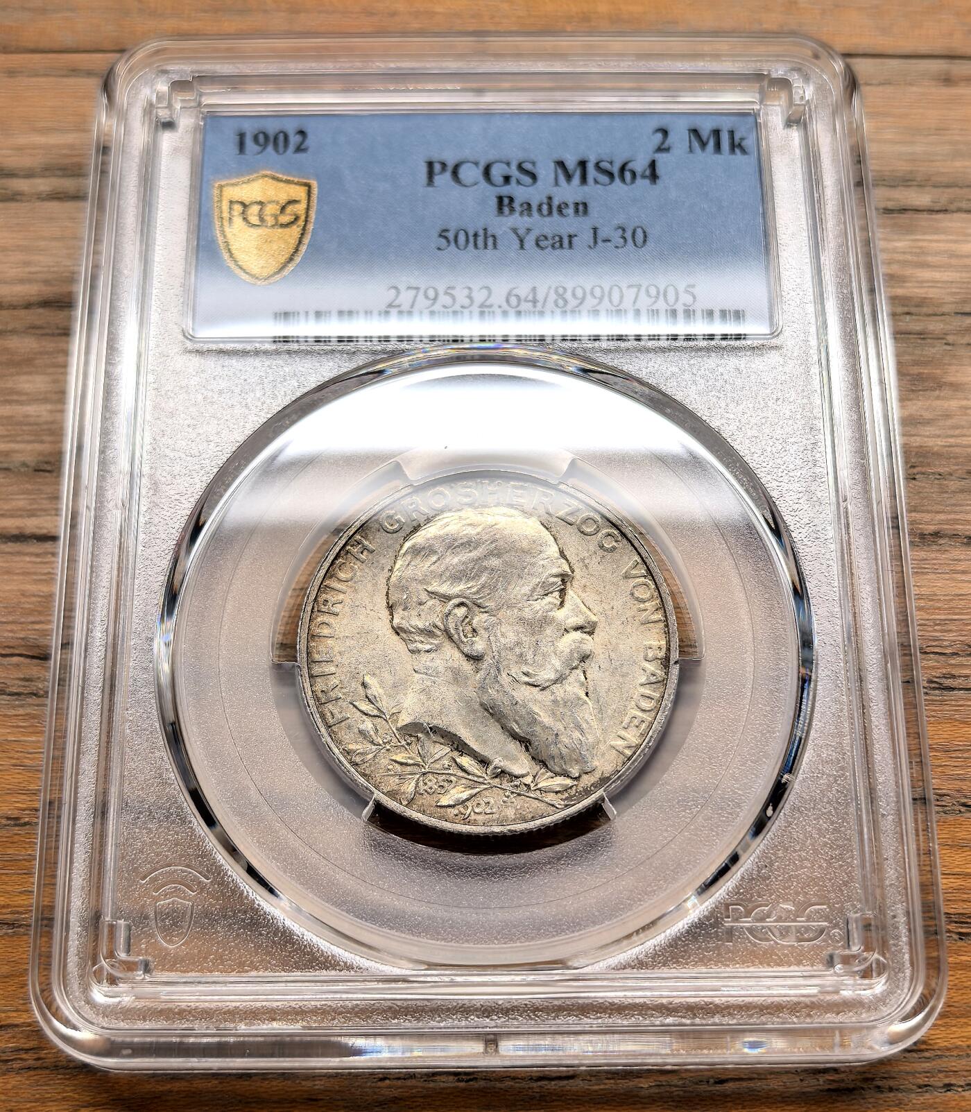 凡希社世界钱币微拍第三百十九期 1902德国巴登加冕50周年纪念2马克PCGS-MS64