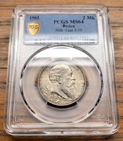 凡希社世界钱币微拍第三百十九期 - 1902德国巴登加冕50周年纪念2马克PCGS-MS64