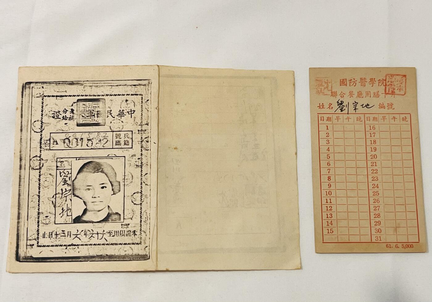 韵星假日拍卖第三十八期 -- Rimey Holidays Auction 38 刘宗地（姐）国防医学院饭卡与军人身份证老装订复印件（非新印）一套