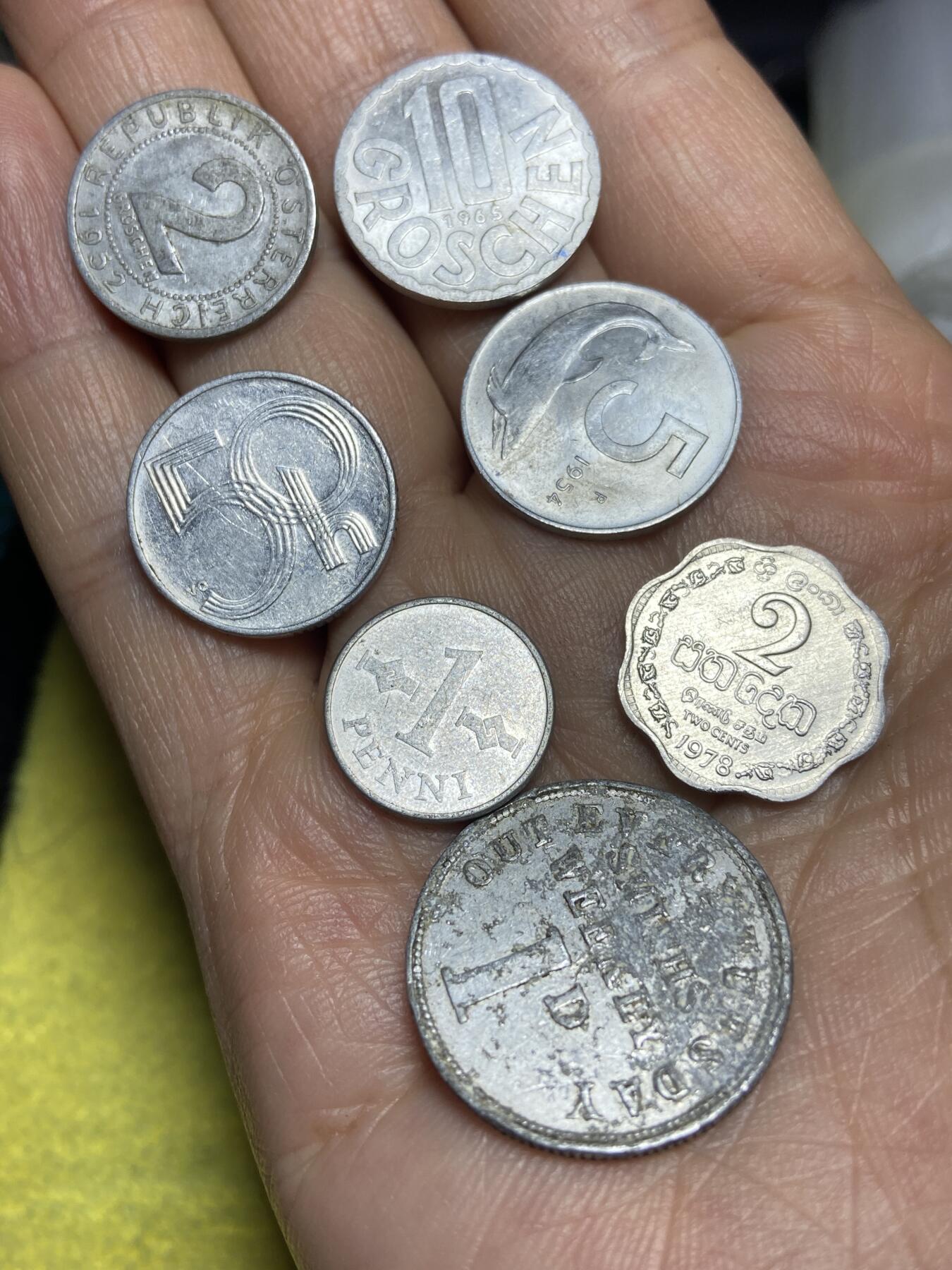 2026年第十五场(总第一百八十四场）外国好品散币场(免佣金) 各国铝制散币7枚:奥地利🇦🇹2、10格罗申，捷克50赫勒，意大利🇮🇹5里拉，芬兰🇫🇮1盆尼，斯里兰卡🇱🇰2分，代币