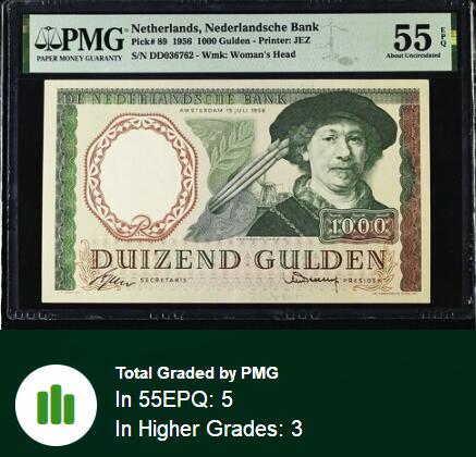 【Blue Auction】世界纸币精拍第779期——18级TOP拍卖/信誉/品质/专业/高效💫   【仅3张更高分 好品少见】荷兰 1956年1000盾 经典伦勃朗 人像及设计均是西欧顶级水准 PMG55EPQ 近新原票状态佳 票面干净 油墨凹凸感非常好 西欧进阶藏家值得收藏 必备的一张（去年一张55无E的都拍了7200美金）