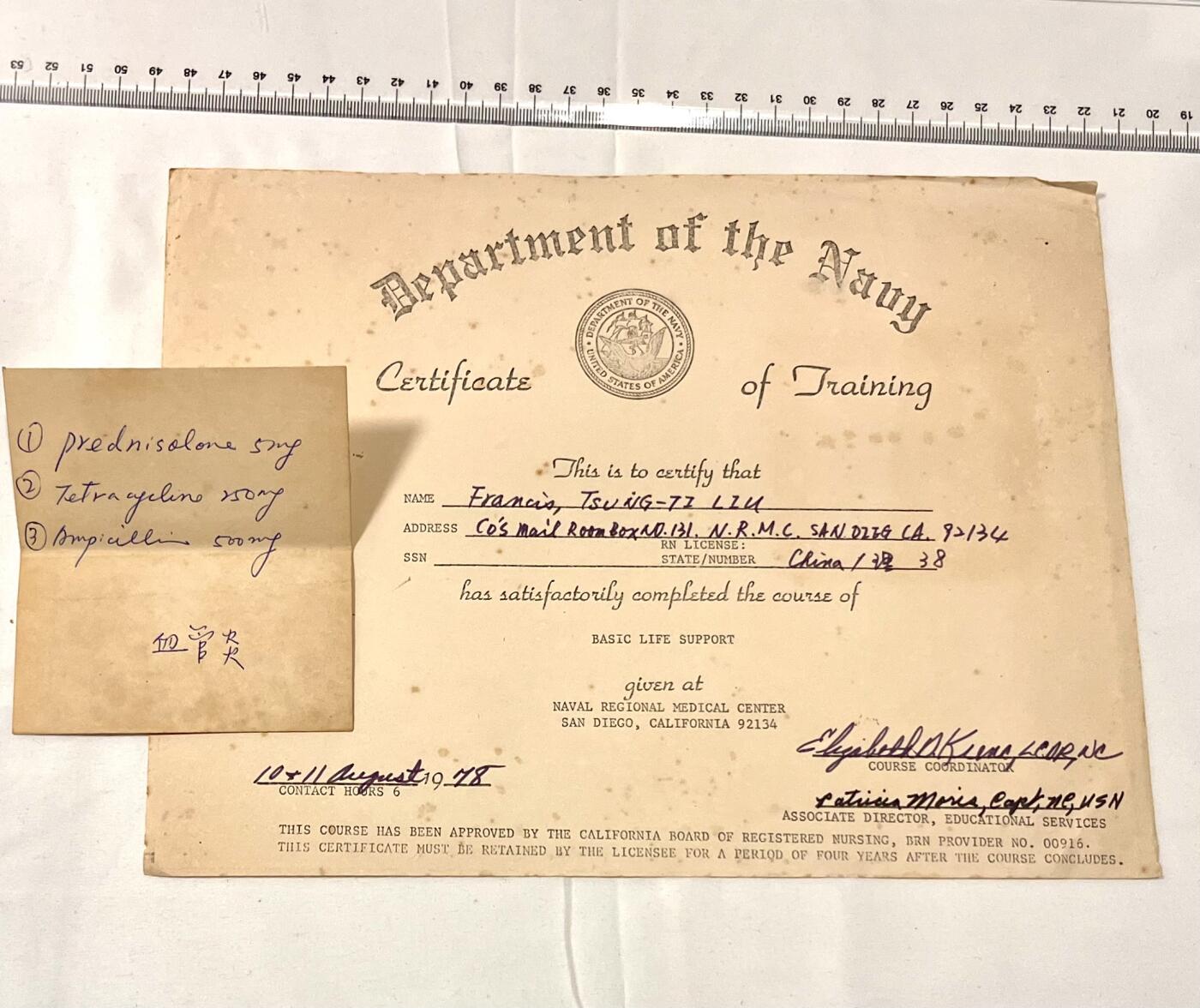 韵星假日拍卖第三十八期 -- Rimey Holidays Auction 38 刘宗地（姐）美国海军部训练证书，加利福尼亚州圣迭戈基地受训合格