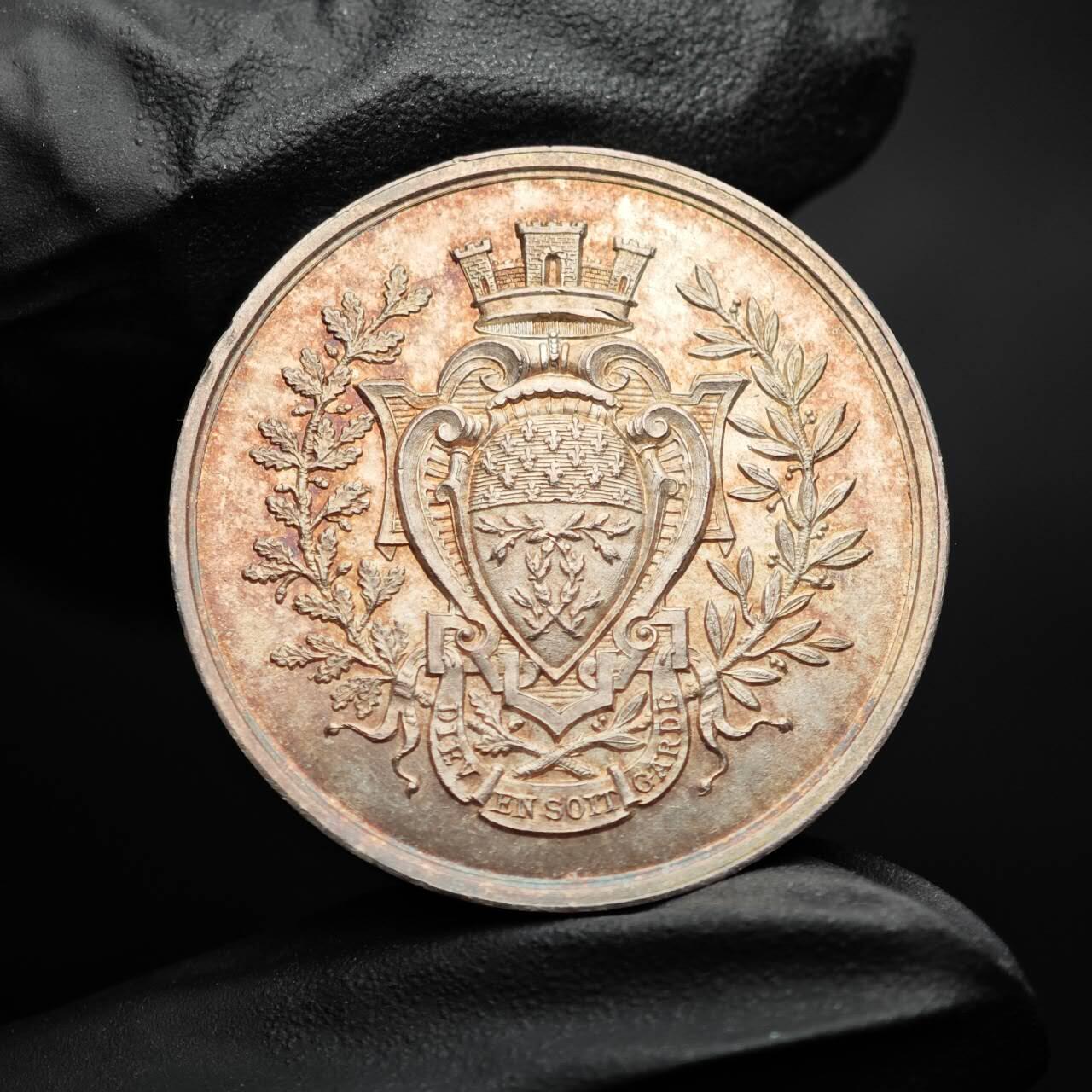 金瓯小拍第三期 古今币章 银价专场 法国雷莫斯保险公司银章1879年 重18.3克直径33.7mm 边铭ARGENT 好品带原光