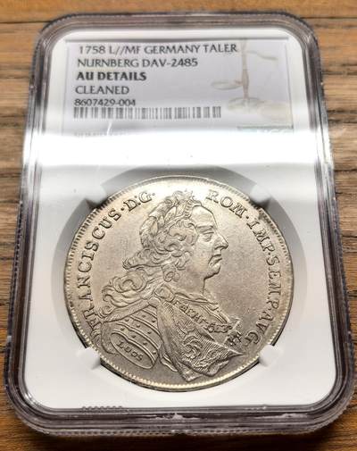 凡希社世界钱币微拍第三百十九期 - 1758神罗纽伦堡自由市佛朗茨一世泰勒大银NGC-AUD，纽伦堡是神圣罗马帝国时期最重要的商业与造币中心之一，这枚泰勒发行于弗朗茨一世皇帝统治时期，是当时中欧地区的核心流通货币，兼具贸易与储备功能。