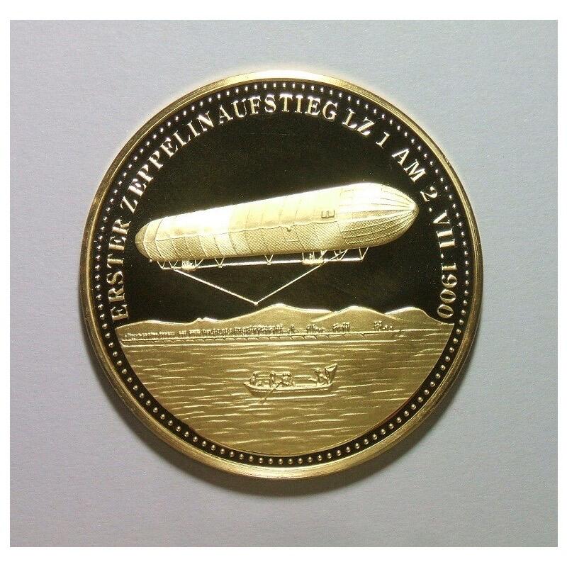 【银】德国齐柏林和LZ1飞艇 高浮雕精制大镀金银章 40MM 20克