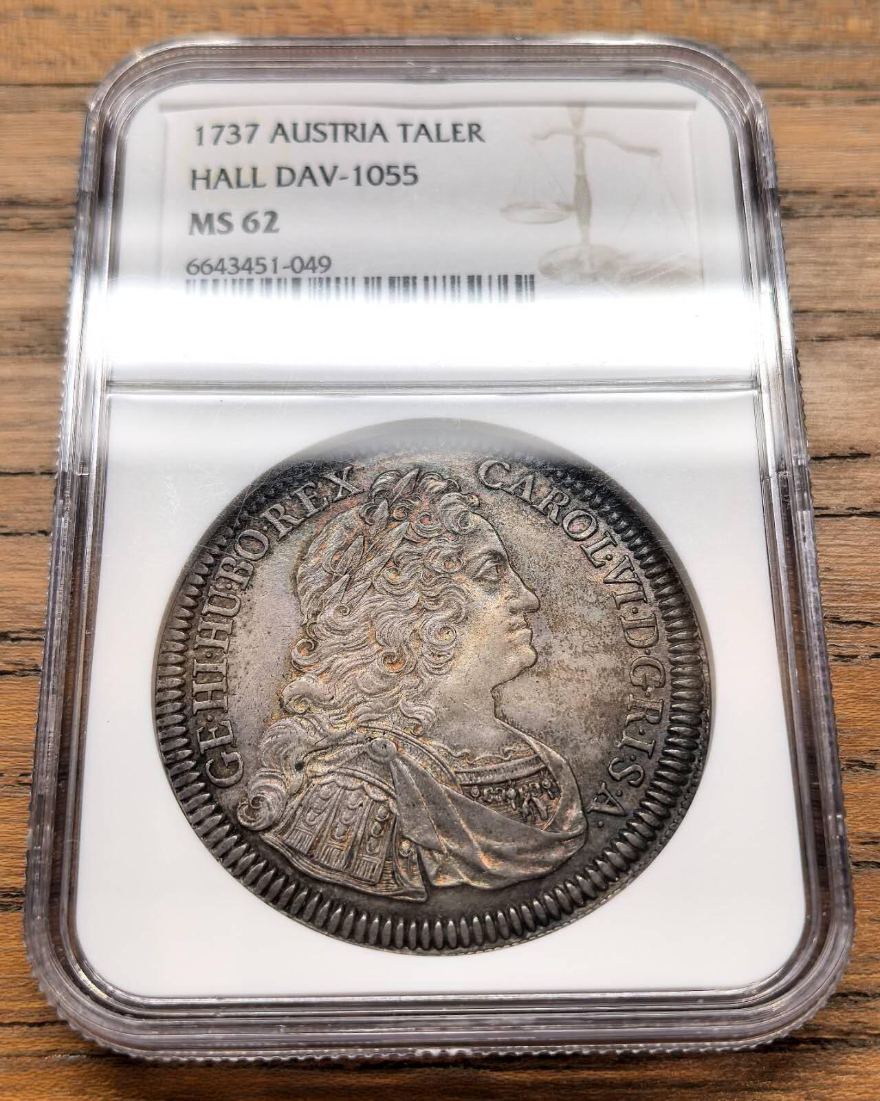 凡希社世界钱币微拍第三百十九期 荐！1737神罗卡尔六世军装像泰勒大银NGC-MS62，细节优异，长马齿粒粒分明，灰彩中透出铁锈红光泽，使这枚后期哈勒厂泰勒更增一份迷人风采。（视频参考）