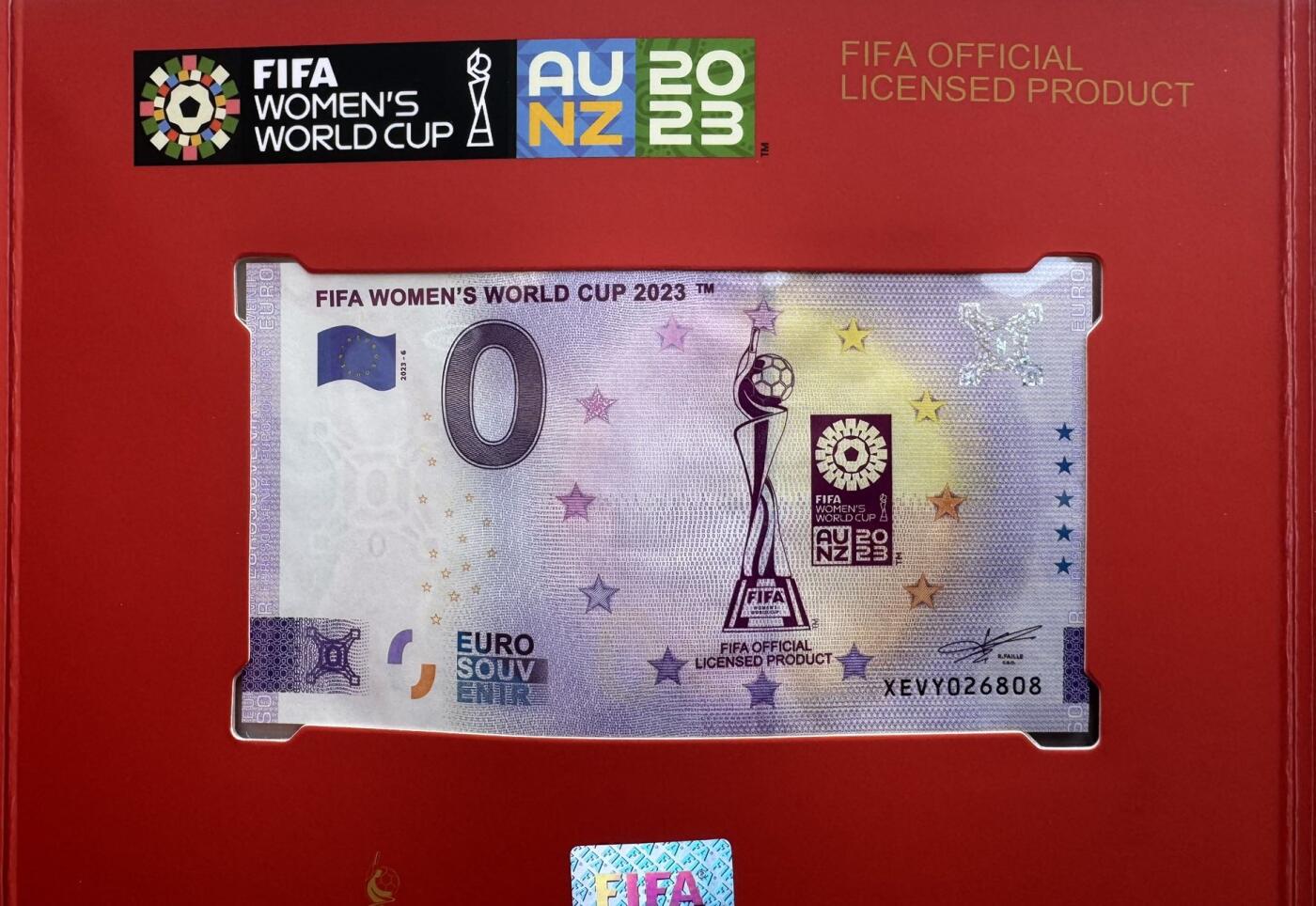 2026第2场（总第229期）：精品测试钞、连体钞综合场 国际足联2023年澳大利亚和新西兰世界杯足球赛0欧元纪念钞一套3枚全同号册装UNC（第26808号）