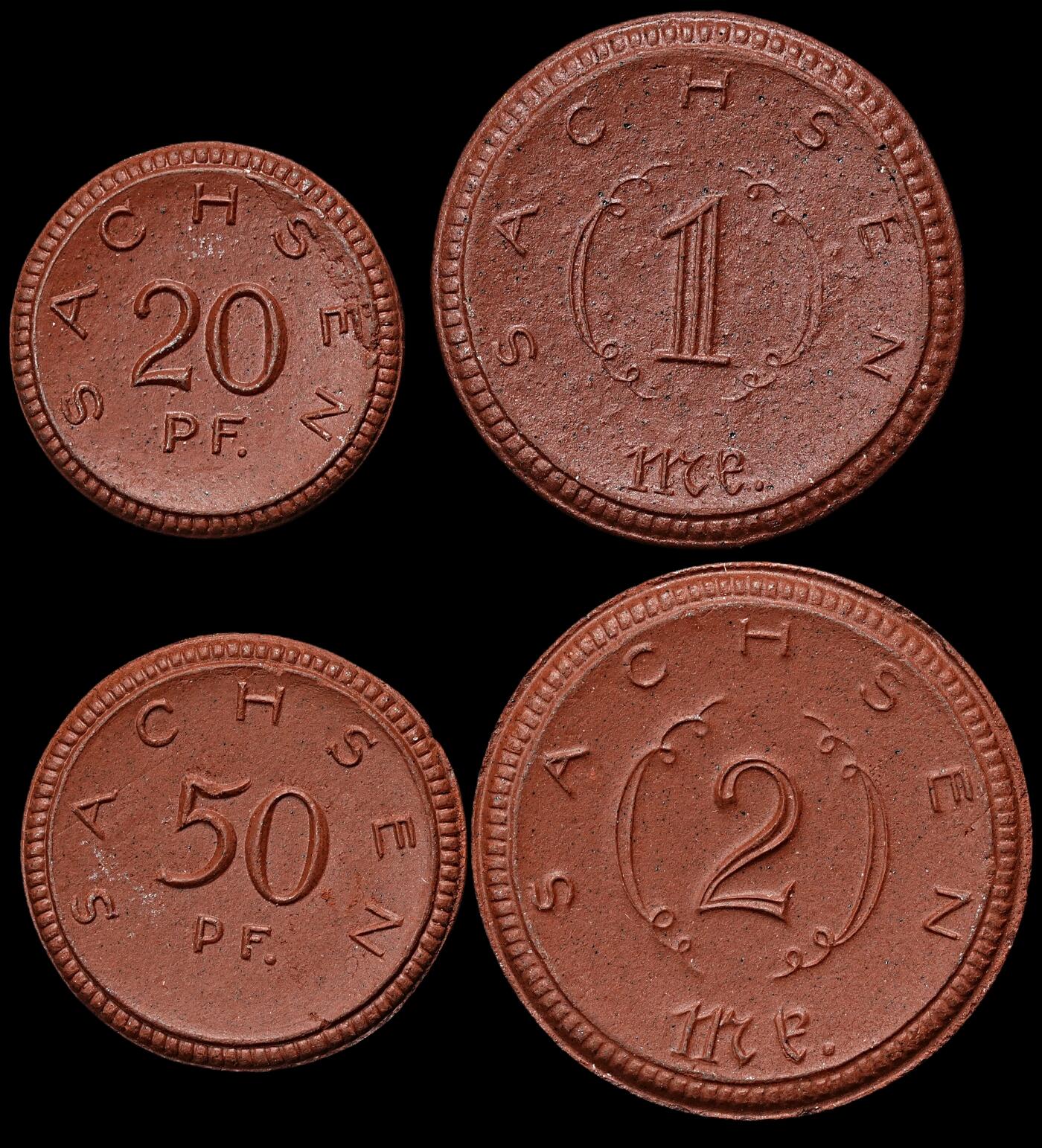 修遠堂世界钱币第102期 1921年德国紧急时期萨克森陶瓷币四枚 完全未流通