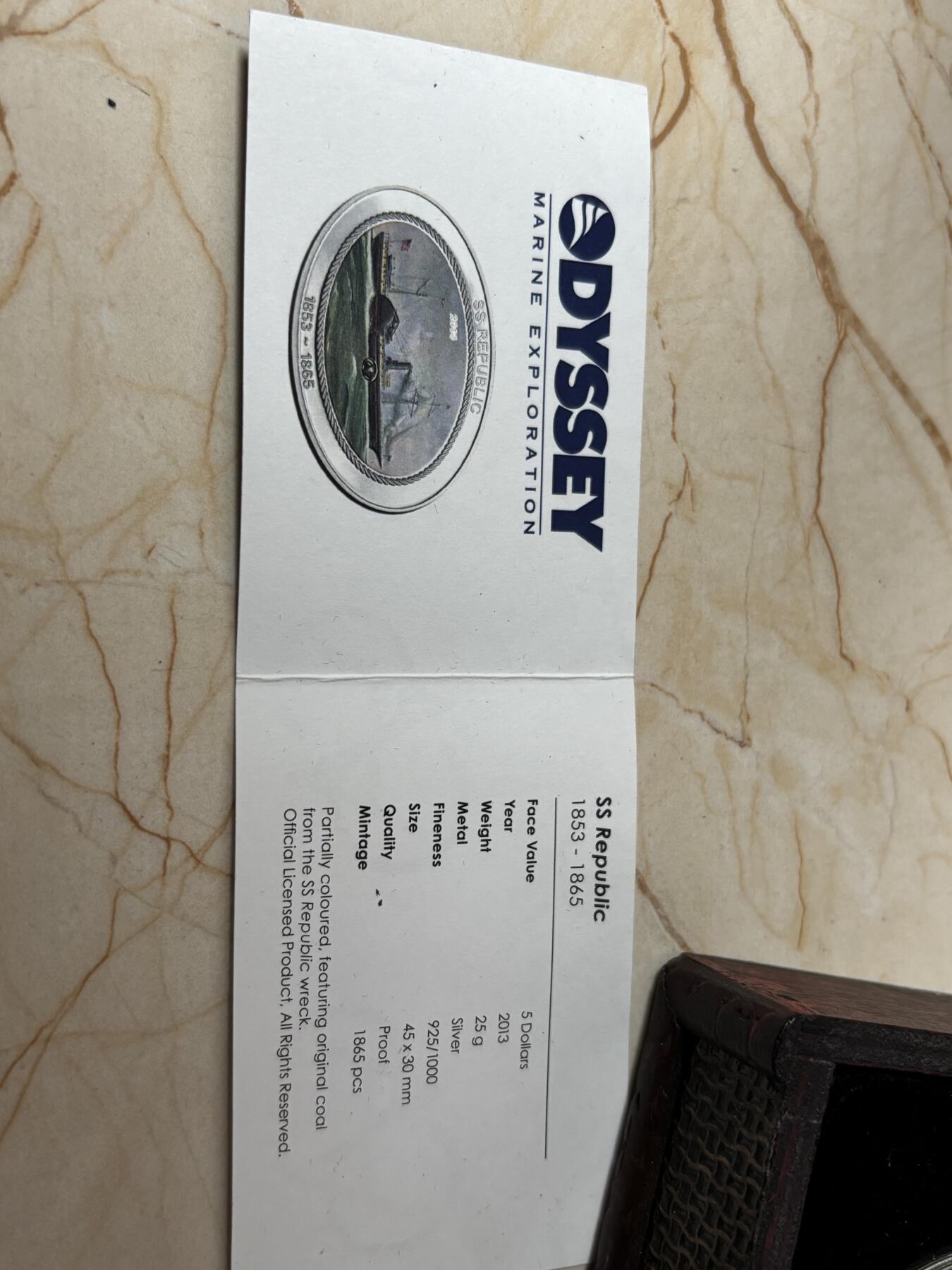 第189期拍卖 库克2013年海底沉船美国SS共和号椭圆彩色镶嵌银币25克，925银，发行1865枚