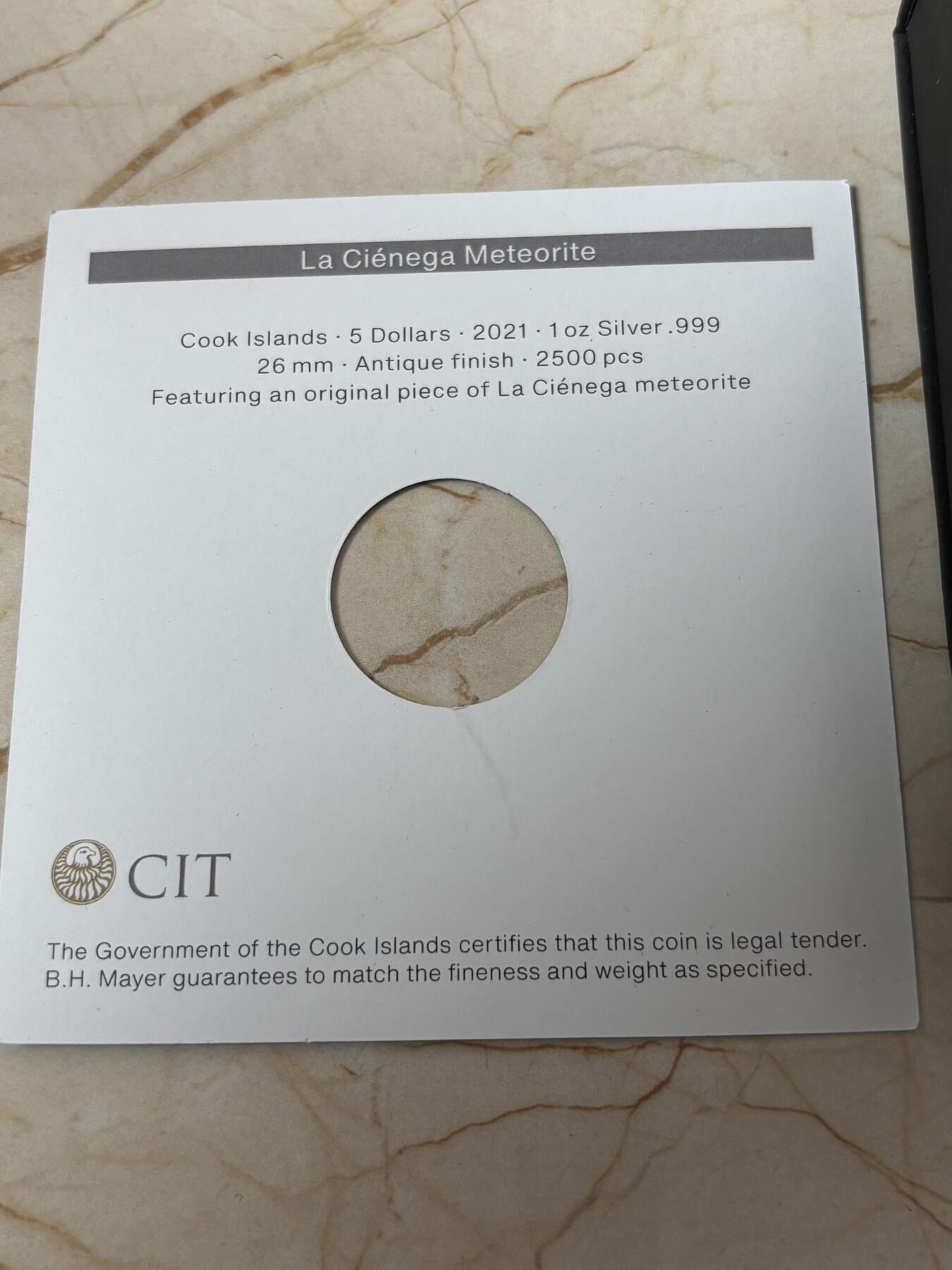 第189期拍卖 库克2021年镶嵌墨西哥索诺拉州拉西埃内加陨石银币，999银，1盎司，发行2500枚